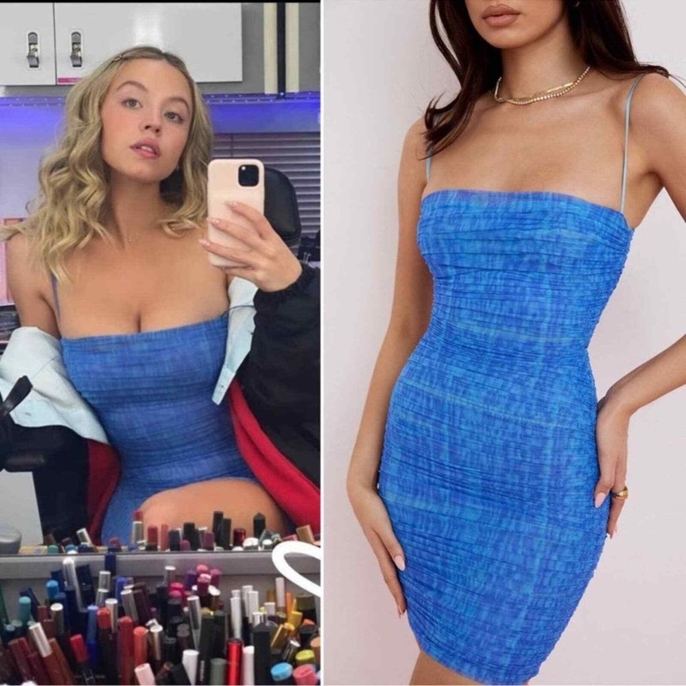 House of CB Ella Ruched Organa Mesh Mini Dress Sky Blue Printed Size M NWT
